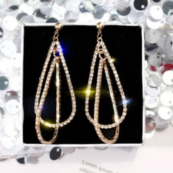 NEW Gold Round Diamond Double Tear Drop Earrings - Picture 7 of 9